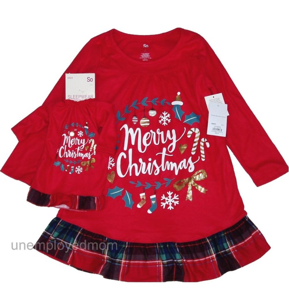 Merry Christmas Sleep Gown Matching 18" Doll Pajamas Set
